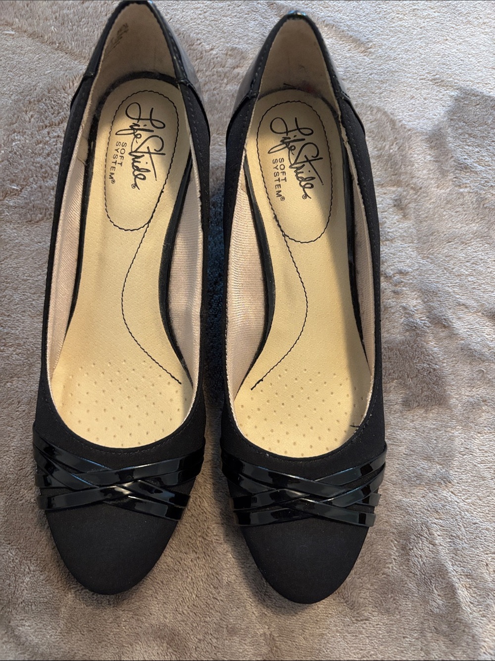 Life Stride Black Wedge Heel with Patent Cross-Strap Detail
